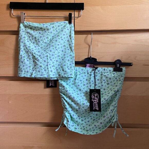 NWT I'M SORRY BY PETRA COLLINS GREEN FLOWER TUBE TOP SKIRT SET, SIZE: XS - Picture 2 of 6